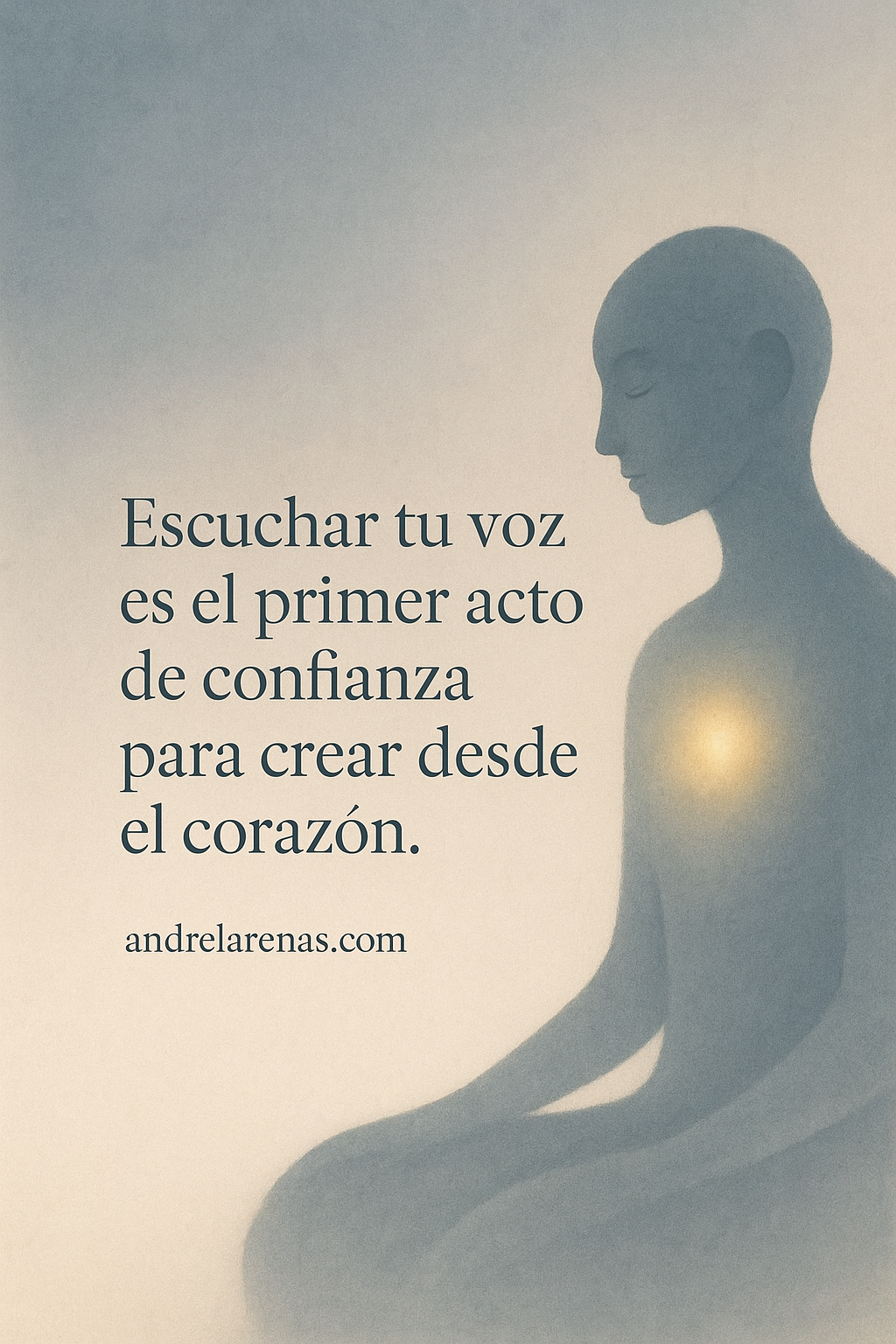Ilustración suave con figura meditativa y frase ‘Escuchar tu voz es el primer acto de confianza para crear desde el corazón’ – andrelarenas.com