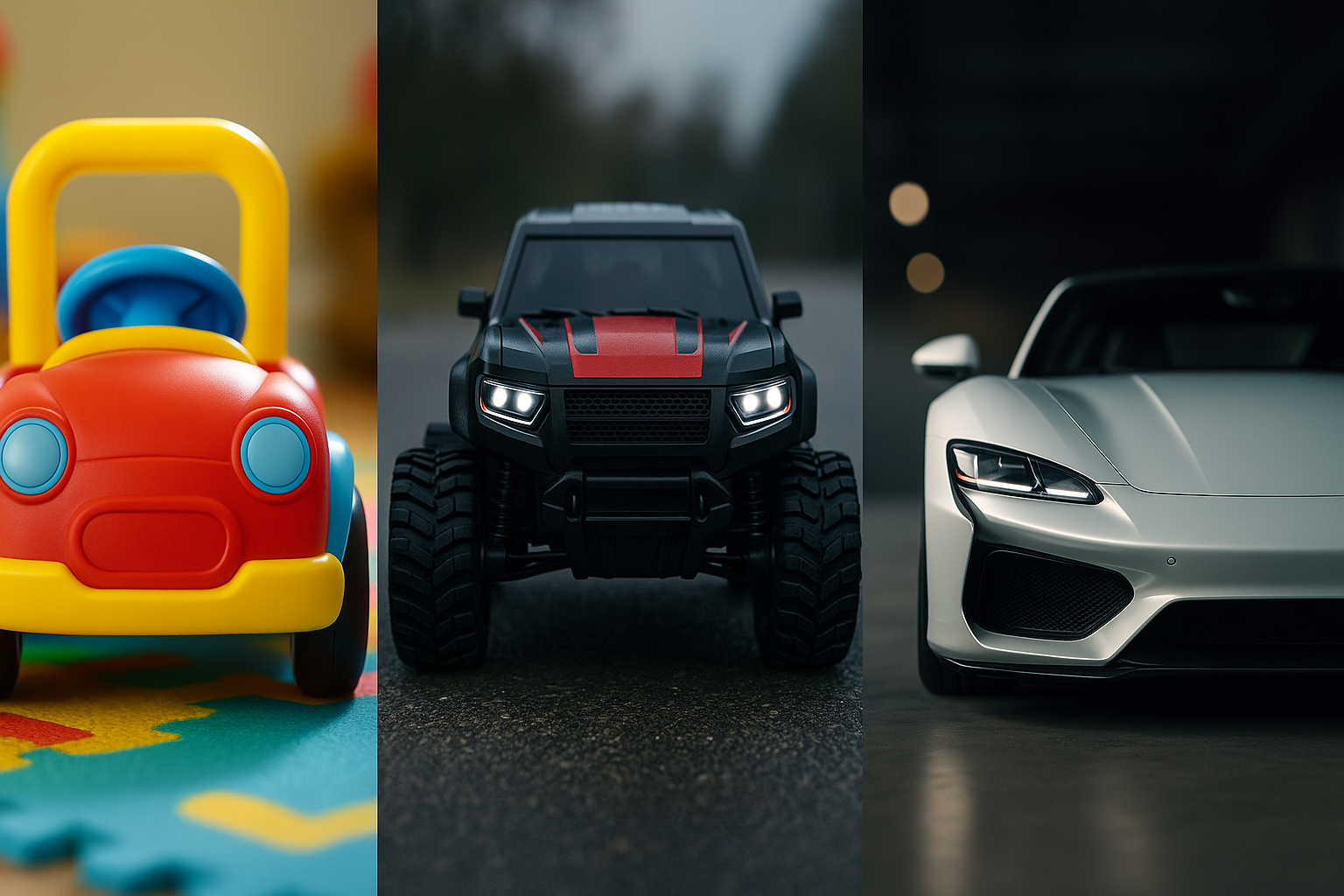 Tríptico con un auto de juguete, un todoterreno juvenil y un auto deportivo; metáfora de la transición de infancia a adultez.
