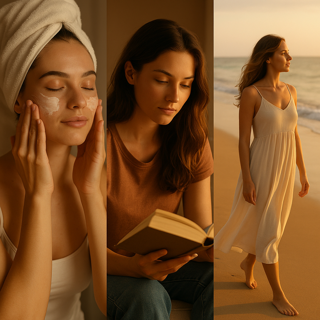 Collage de mujer cuidando su bienestar, con rutinas diarias de autocuidado y conexión personal