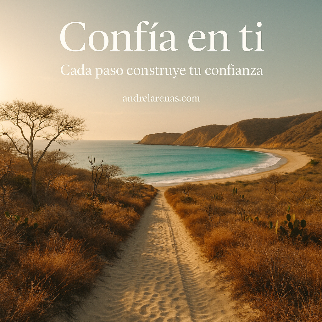 Camino de arena hacia el mar iluminado por el sol, simbolizando el avance personal, la autoconfianza y el crecimiento interior | andrelarenas.com