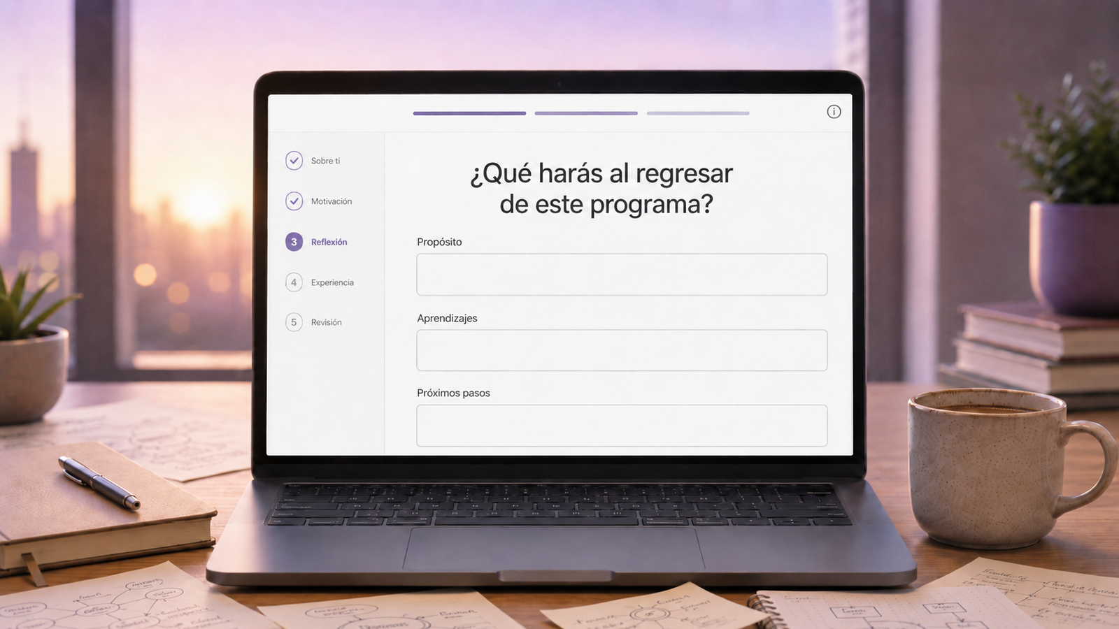 Formulario de postulación a becas y programas en una laptop con papeles de reflexión e introspección