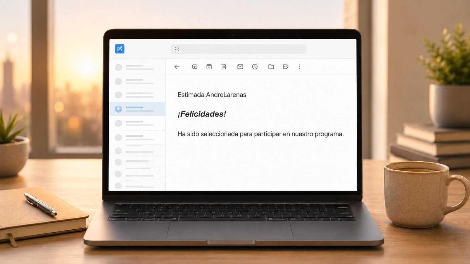 Correo de aceptación al postular a becas y programas mostrado en una laptop con luz cálida
