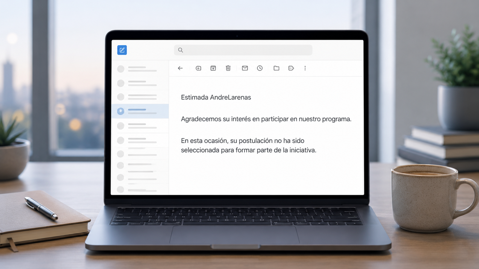 Correo de rechazo en una postulación a becas y programas visto en una laptop sobre un escritorio